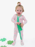 Load image into Gallery viewer, Softsnooze Baby Girls Clover Bows & Wishes Footed Ruffle One-Piece Pajama
