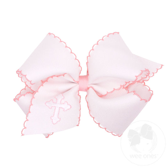 King White Grosgrain Hair Bow with Moonstitch Edge and Cross Embroidery on Tail