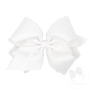 King White Grosgrain Hair Bow with Moonstitch Edge and Cross Embroidery on Tail