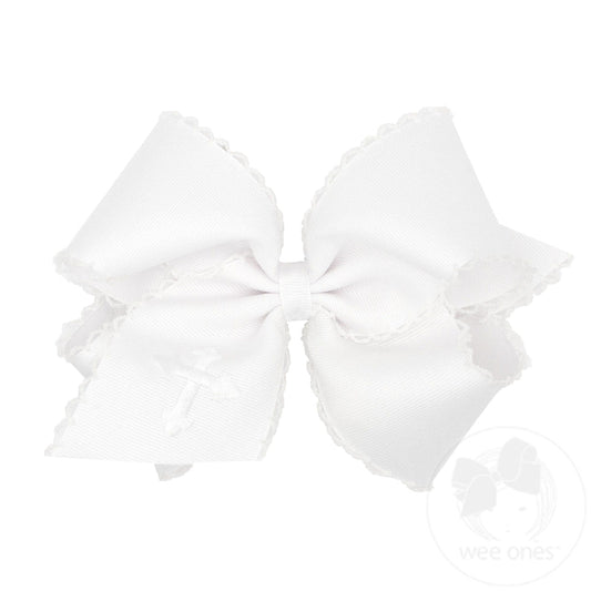King White Grosgrain Hair Bow with Moonstitch Edge and Cross Embroidery on Tail