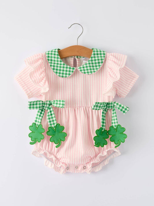 St. Patrick's Day Shamrock Striped Plaid Baby Girl Romper