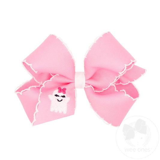 Medium Grosgrain Hair Bow with Moonstitch Edge and Pink Ghost Embroidery