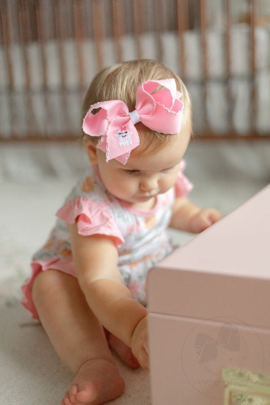 Medium Grosgrain Hair Bow with Moonstitch Edge and Pink Ghost Embroidery