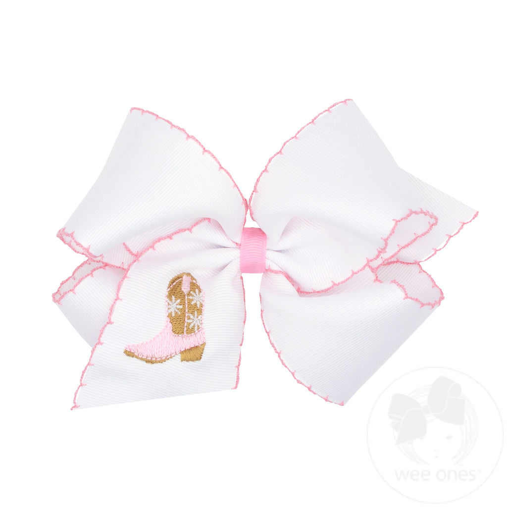 King Grosgrain Hair Bow with Moonstitch Edge and Embroidery