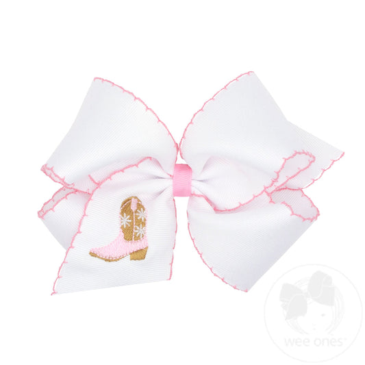 King Grosgrain Hair Bow with Moonstitch Edge and Embroidery