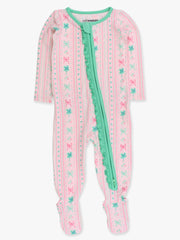 Softsnooze Baby Girls Clover Bows & Wishes Footed Ruffle One-Piece Pajama