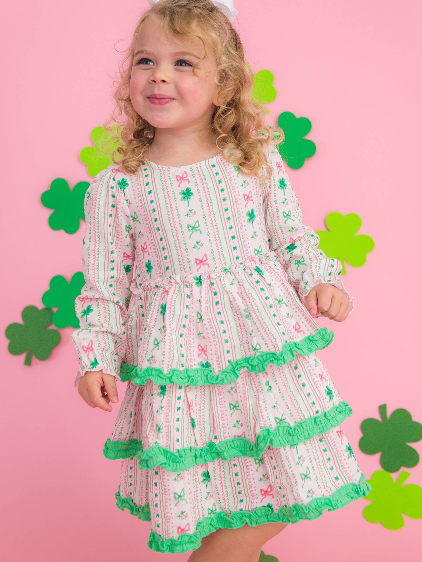 Girls Clover Bows & Wishes Cotton Gauze Tiered Ruffle Dress
