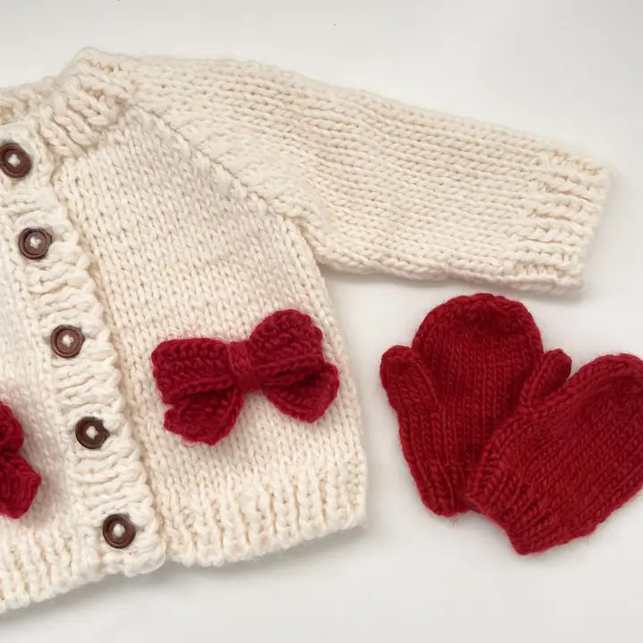 Cozy Knit Cardigan with Red Bow Details