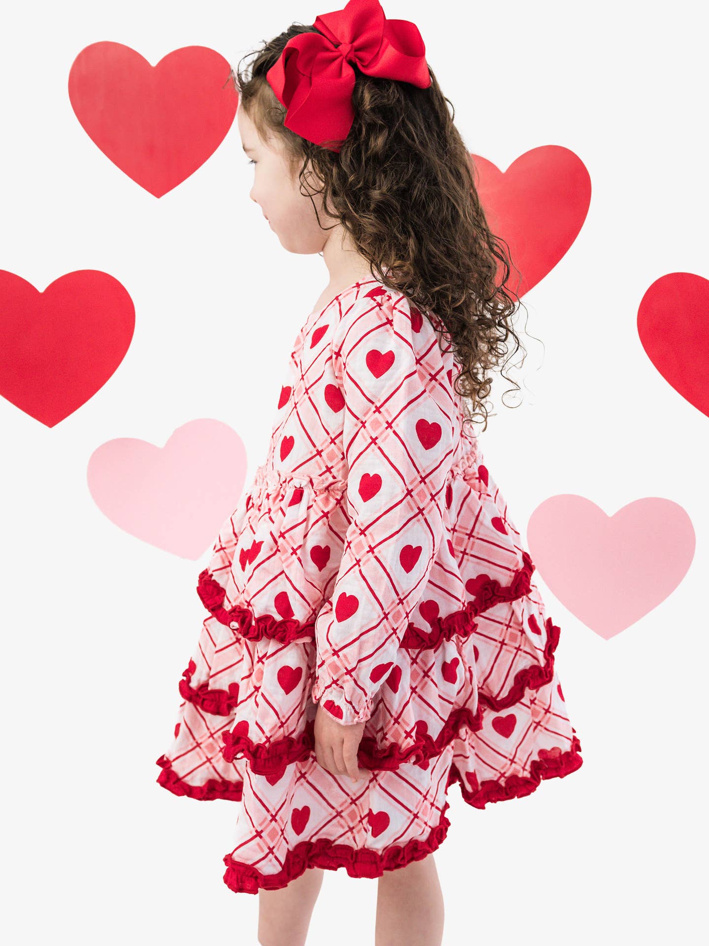 Girls Pink Sweetheart Plaid Cotton Gauze Tiered Ruffle Dress