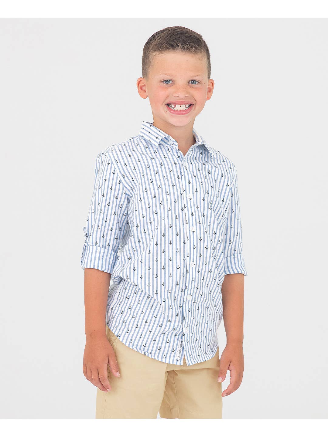 Boys Anchors Ahoy Stripe Long Sleeve Button Down Shirt