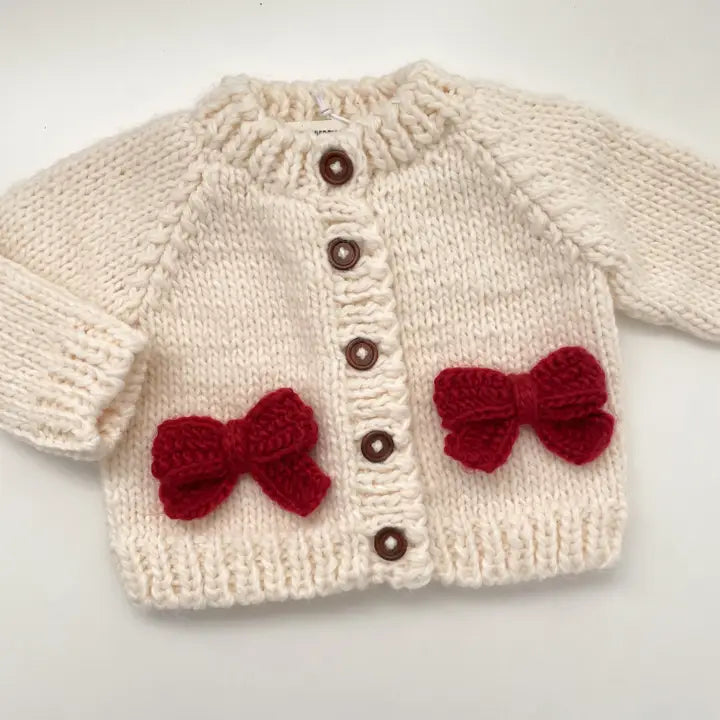 Cozy Knit Cardigan with Red Bow Details