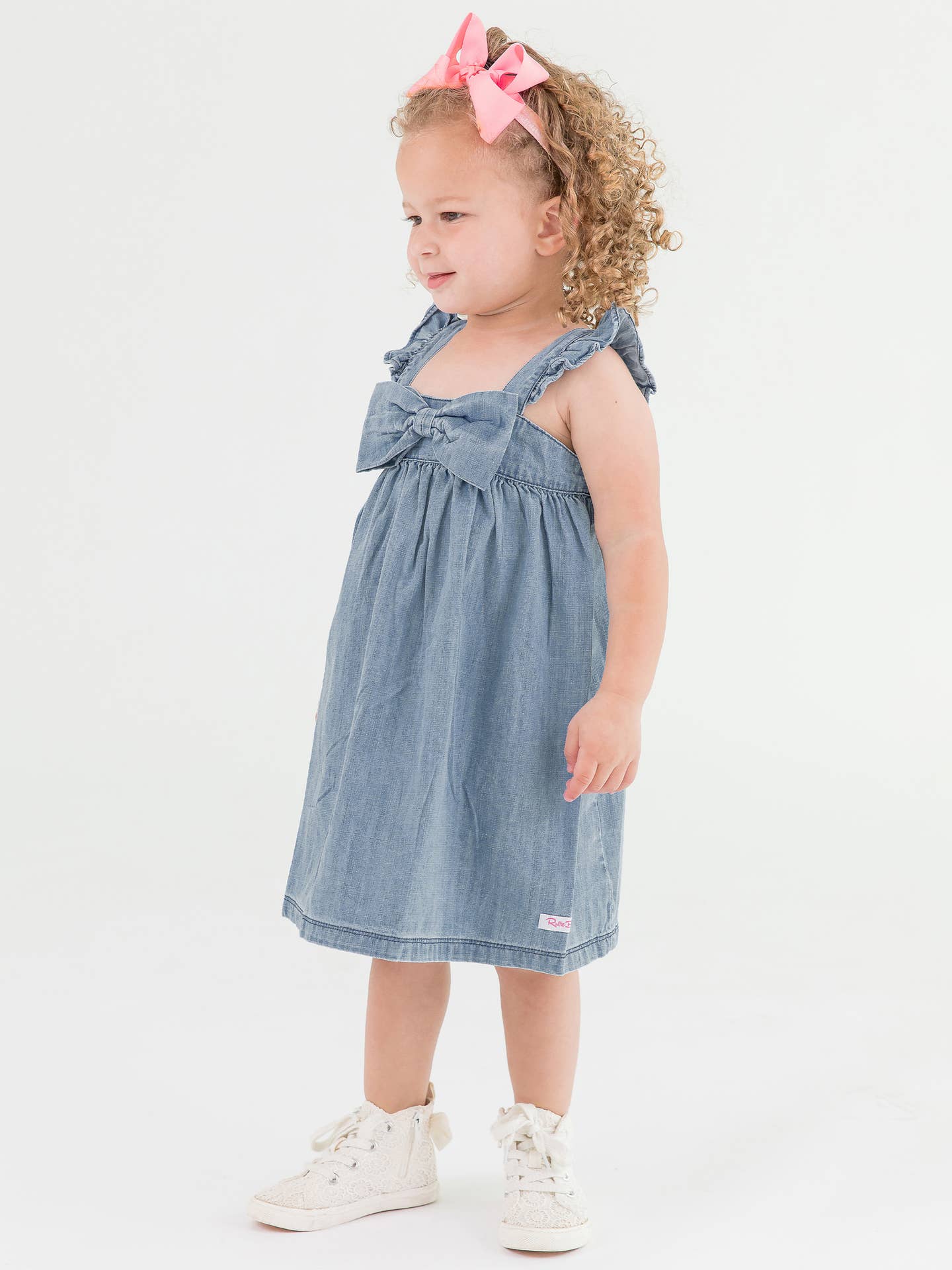 Girls Light Wash Denim Flutter Bow Woven Dress
