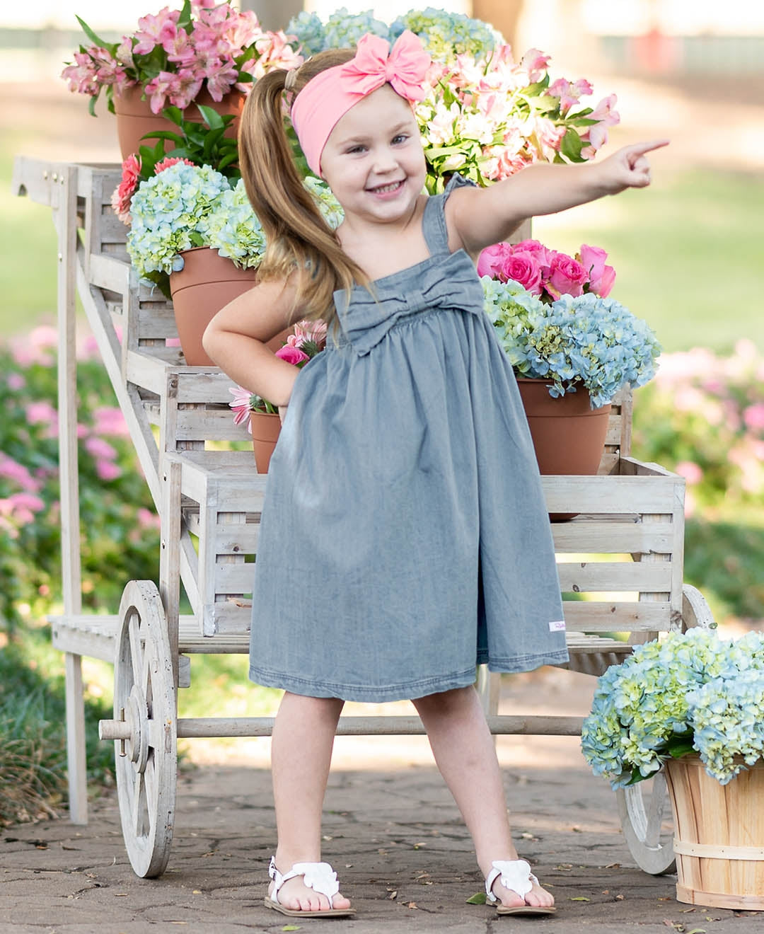 Girls Light Wash Denim Flutter Bow Woven Dress