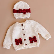 Cozy Knit Cardigan with Red Bow Details