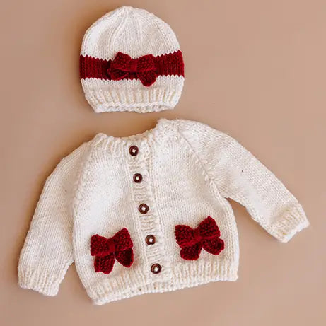Cozy Knit Cardigan with Red Bow Details