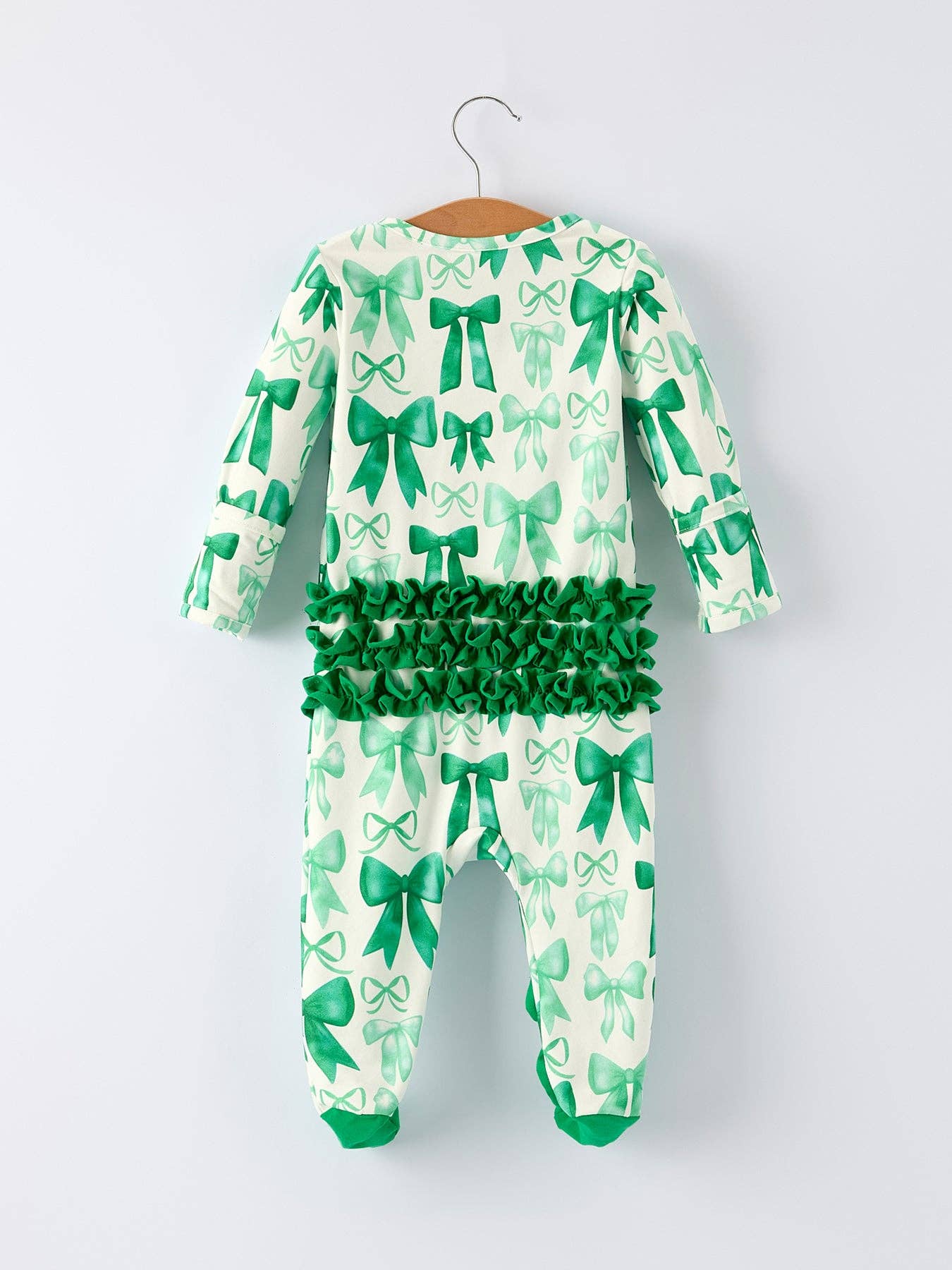 St. Patrick's Day Bow Print Long Sleeves Baby Girls Romper