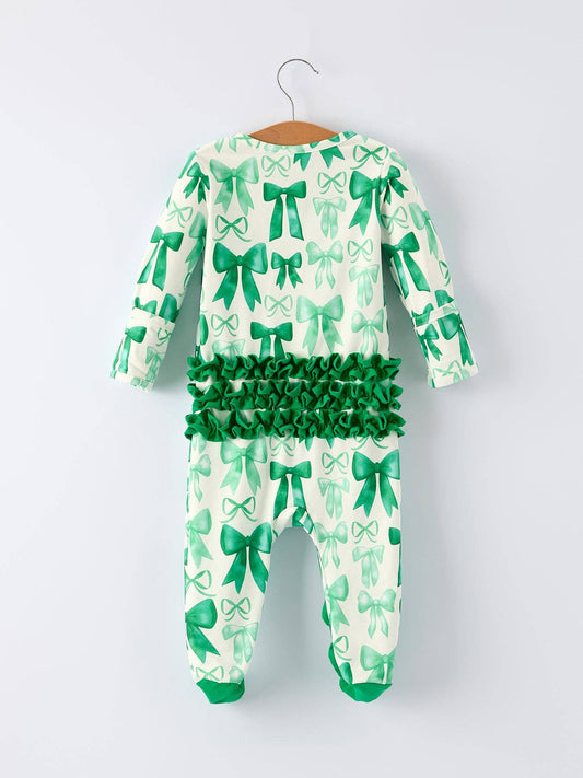 St. Patrick's Day Bow Print Long Sleeves Baby Girls Romper