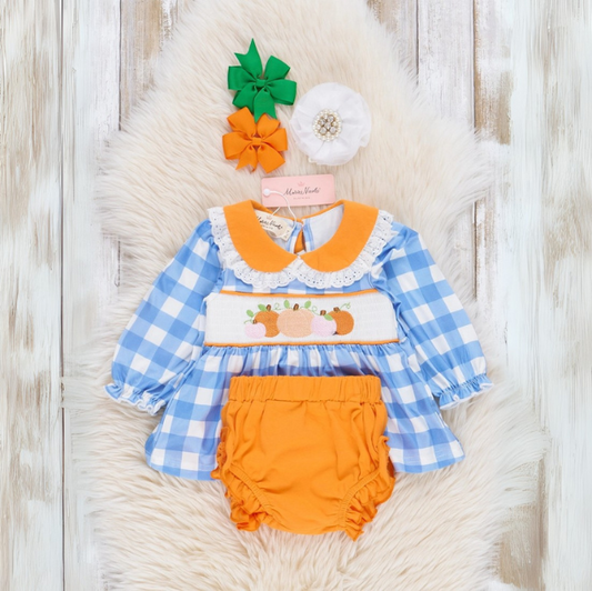 Plaid & Pumpkin Smocked Bloomers Outfit