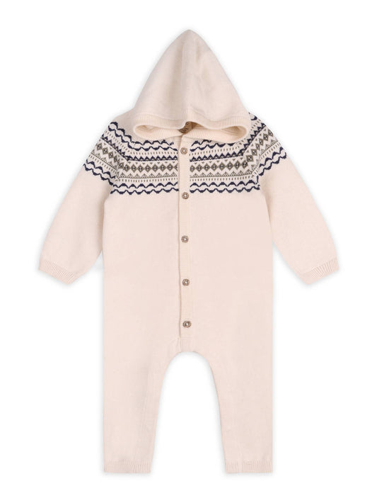 Fair Isle Jacquard Sweater Knit Baby Hooded Jumpsuit