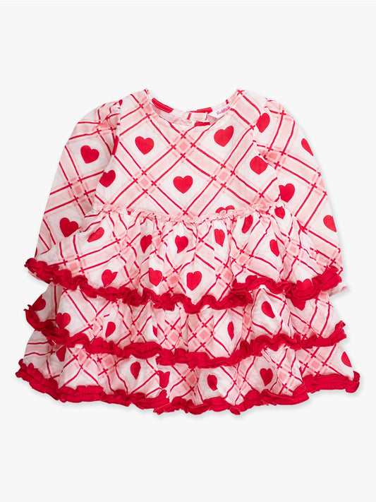 Girls Pink Sweetheart Plaid Cotton Gauze Tiered Ruffle Dress