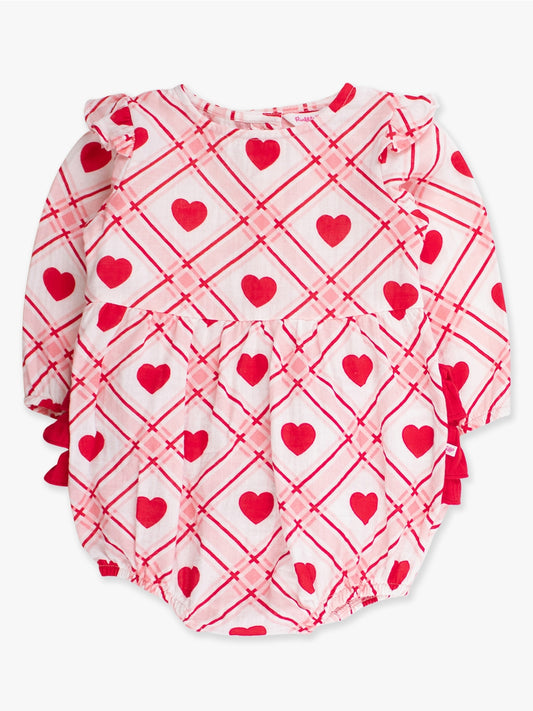 Baby Girls Pink Sweetheart Gauze Long Sleeve Flutter Bubble Romper