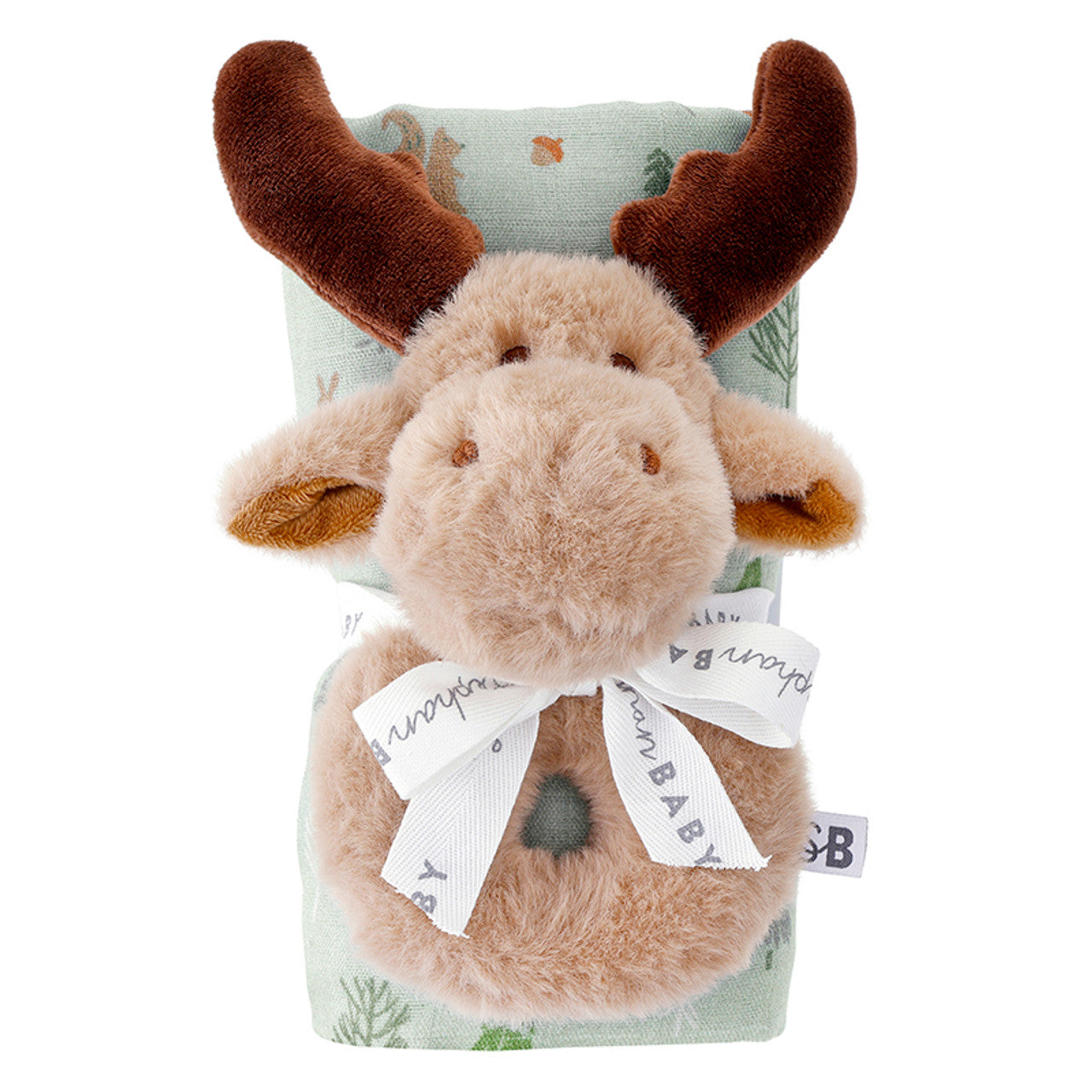 Swaddle with Moose Plush Rattle