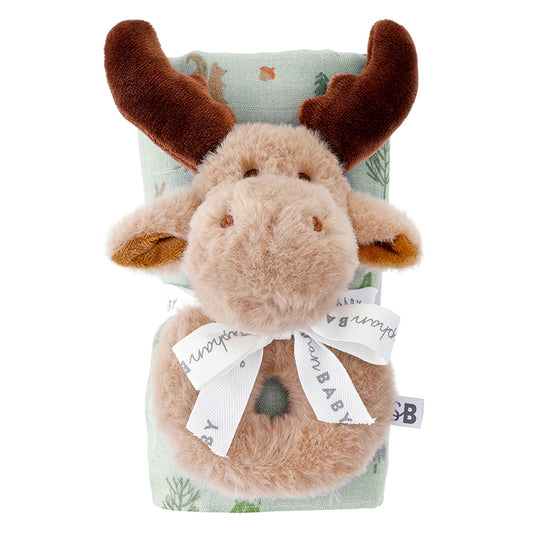 Swaddle with Moose Plush Rattle