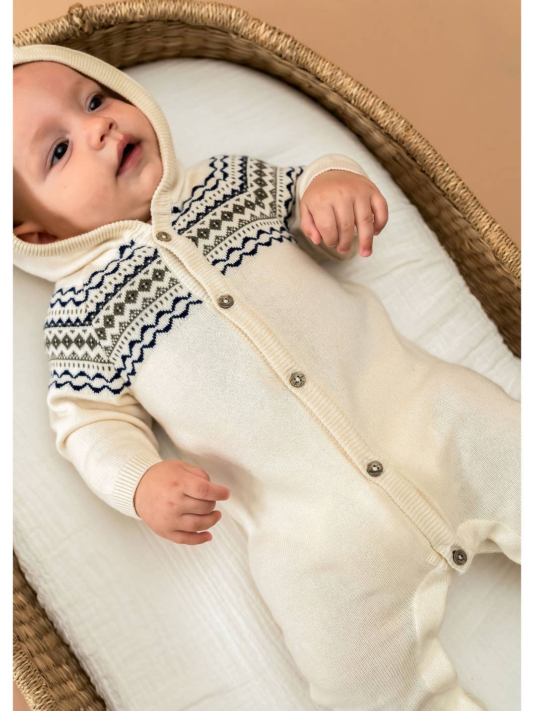 Fair Isle Jacquard Sweater Knit Baby Hooded Jumpsuit