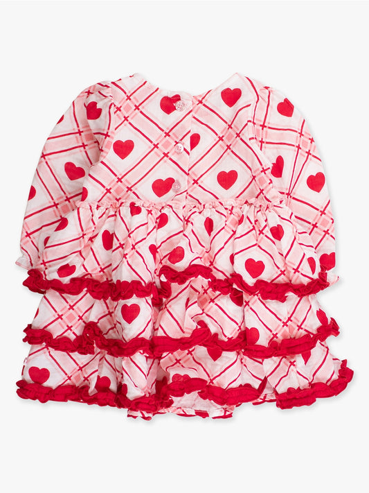 Girls Pink Sweetheart Plaid Cotton Gauze Tiered Ruffle Dress