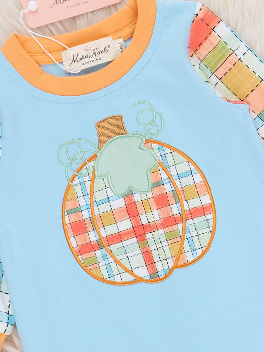 Plaid Patch Pumpkin Embroidered Romper