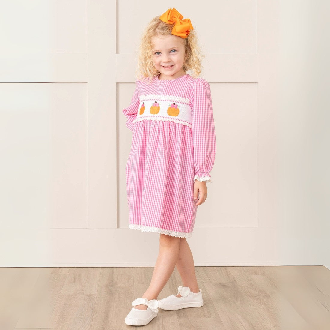 Gingham Smocked Pumpkin Ruffle Dress
