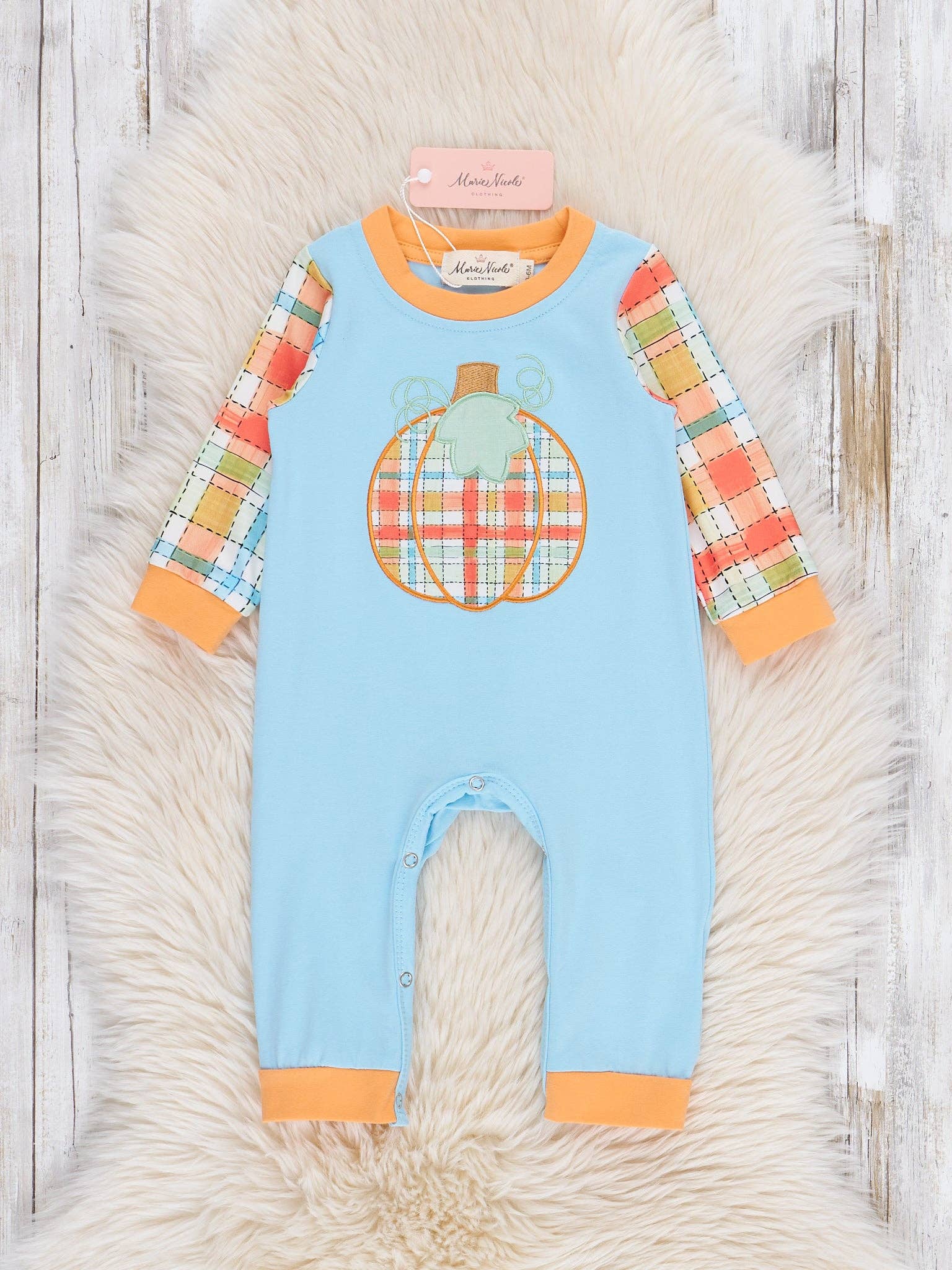 Plaid Patch Pumpkin Embroidered Romper