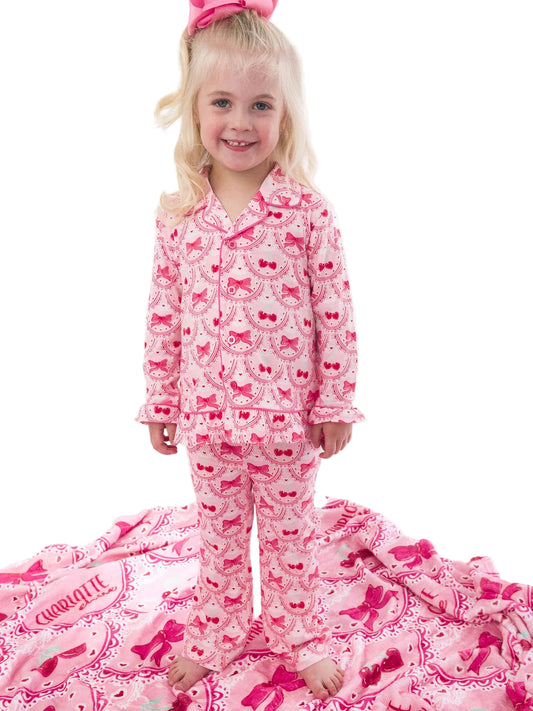 Softsnooze Girls Love You Cherry Much Long Sleeve Button Up Pajama Set