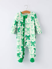 St. Patrick's Day Bow Print Long Sleeves Baby Girls Romper