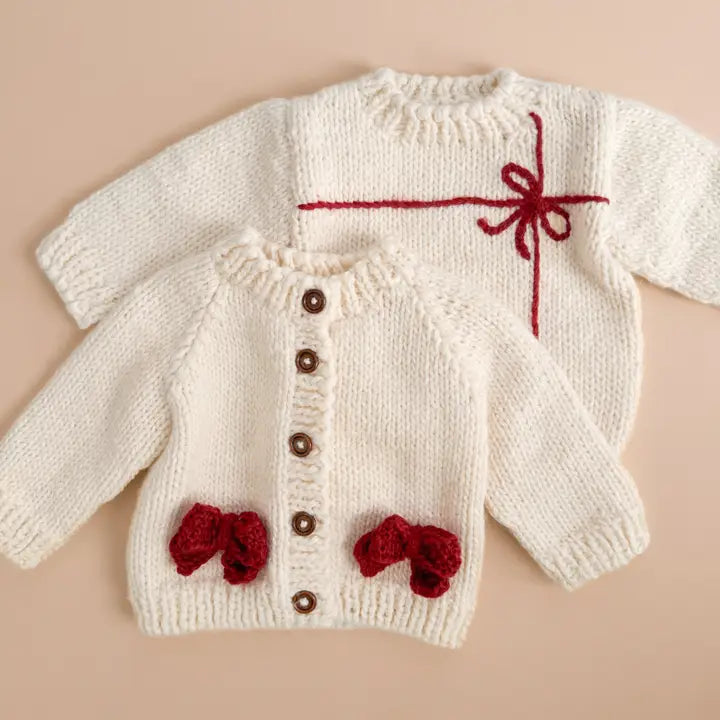 Cozy Knit Cardigan with Red Bow Details